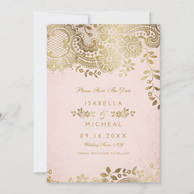 Faux gold blush elegant lace wedding save the date (Front)