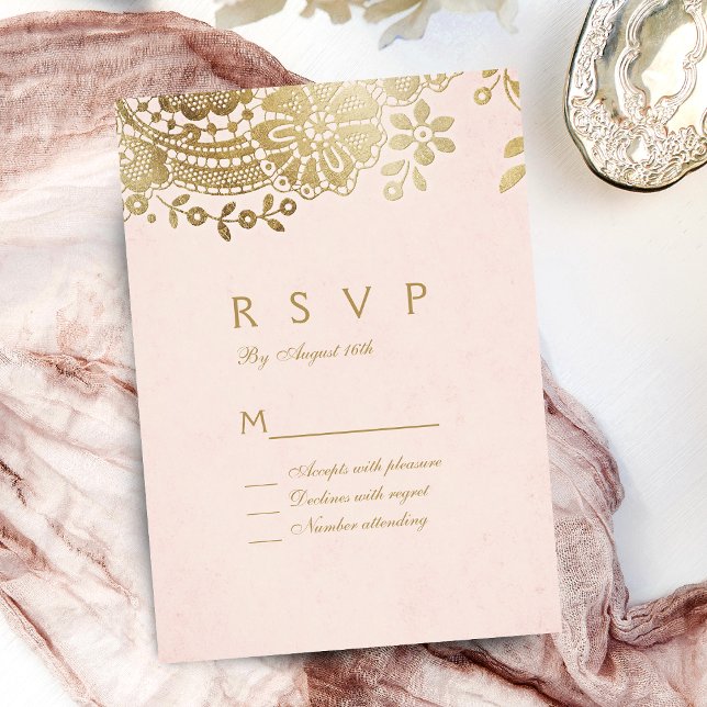 Faux gold blush elegant vintage lace wedding RSVP (Faux gold blush elegant vintage lace wedding RSVP)
