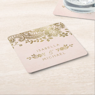 Faux gold blush elegant vintage lace wedding square paper coaster
