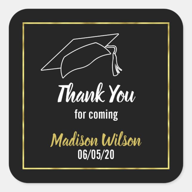 Faux Gold Border Graduation Thank You Square Sticker (Front)