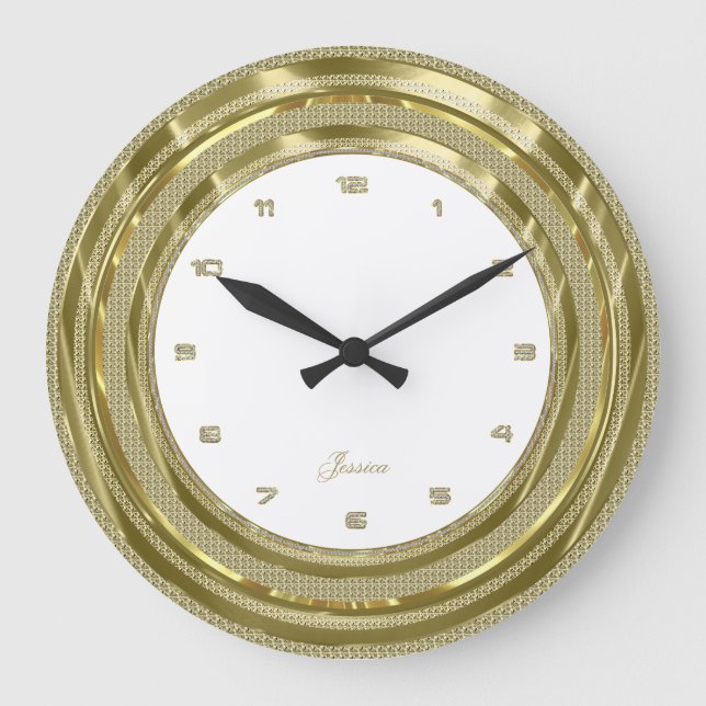 Faux Gold Border With Custom White Background Large Clock (Front)