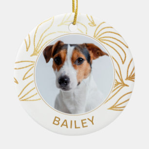 Faux Gold Botanical Dog Photo and Name Christmas Ceramic Tree Decoration