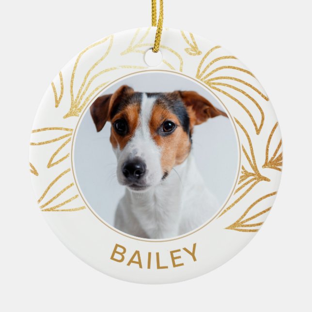Faux Gold Botanical Dog Photo and Name Christmas Ceramic Tree Decoration (Front)