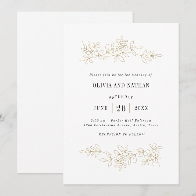 Faux Gold Botanical Line Drawings | Wedding Invitation (Front/Back)