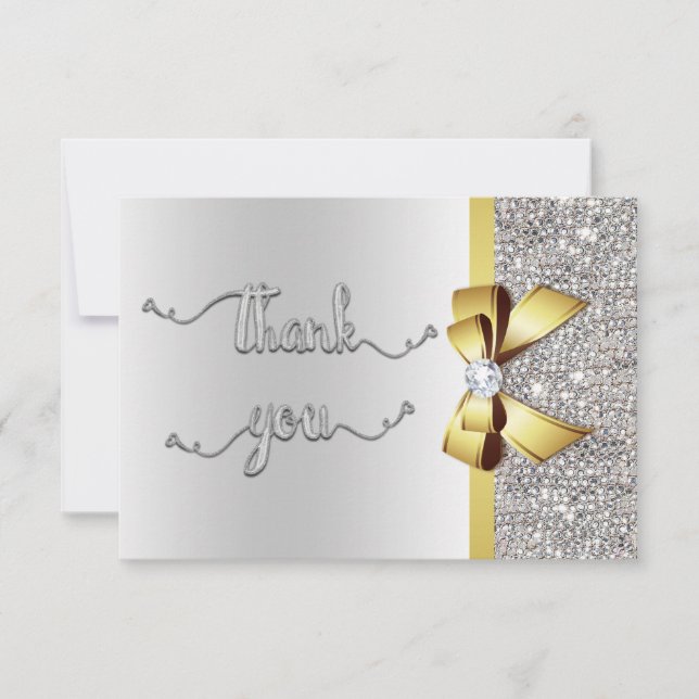 Faux Gold Bow Silver Sequins Thank You Wedding Card (Front)