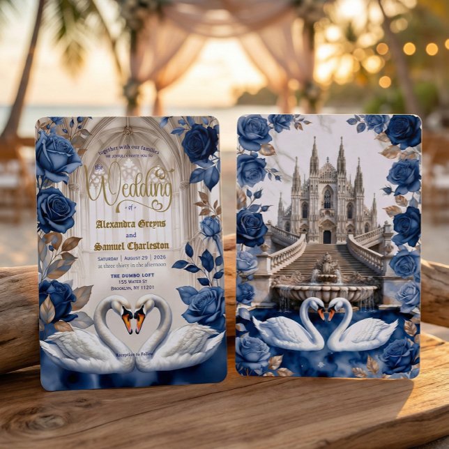 Faux Gold & Bronze Swans Marble Cathedral Wedding Invitation (Creator Uploaded)