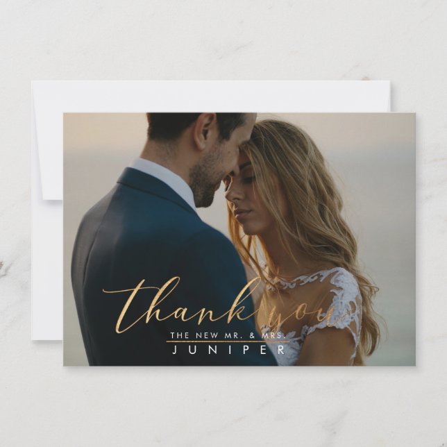 Faux Gold Brush Script Photo Thank You Cards (Front)
