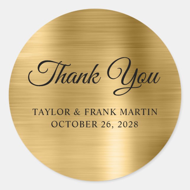 Faux Gold Brushed Metal Foil Wedding Thank You Classic Round Sticker (Front)