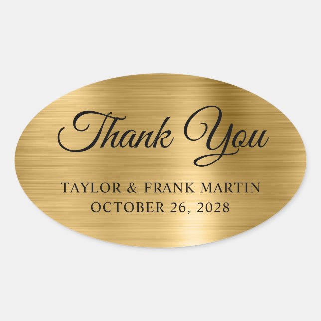 Faux Gold Brushed Metal Foil Wedding Thank You Oval Sticker (Front)