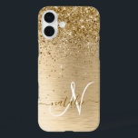 Faux Gold Brushed Metal Glitter Monogram Name iPhone 16 Plus Case<br><div class="desc">Easily personalise this trendy chic phone case design featuring pretty gold sparkling glitter on a gold brushed metallic background.</div>