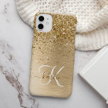 Faux Gold Brushed Metal Glitter Monogram Name iPhone 14 Case<br><div class="desc">Easily personalise this trendy chic iPhone case design featuring pretty gold sparkling glitter on a gold brushed metallic background.</div>