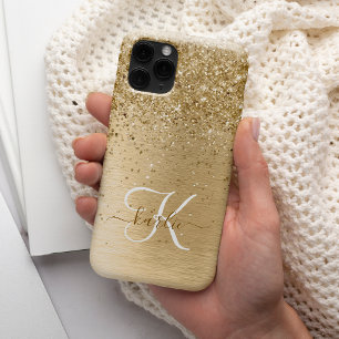 Faux Gold Brushed Metal Glitter Monogram Name iPhone 14 Pro Case