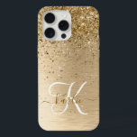 Faux Gold Brushed Metal Glitter Monogram Name iPhone 15 Pro Max Case<br><div class="desc">Easily personalise this trendy chic iPhone case design featuring pretty gold sparkling glitter on a gold brushed metallic background.</div>