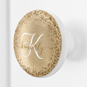 Faux Gold Brushed Metal Glitter Print Monogram Ceramic Knob