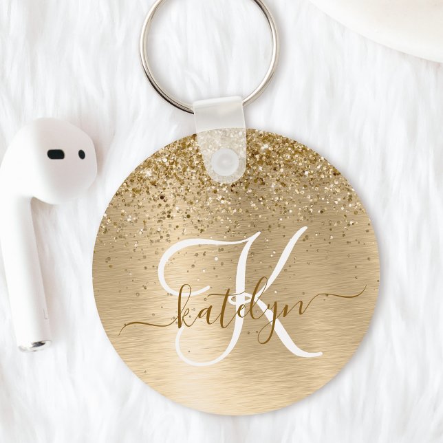 Faux Gold Brushed Metal Glitter Print Monogram Key Ring (Add some flair to your keys with this custom gold brushed metal glitter keychain)