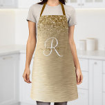 Faux Gold Brushed Metal Glitter Print Monogram Nam Apron<br><div class="desc">Easily personalise this trendy chic aprons design featuring pretty gold sparkling glitter on a gold brushed metallic background.</div>
