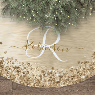 Faux Gold Brushed Metal Glitter Print Monogram Nam Brushed Polyester Tree Skirt
