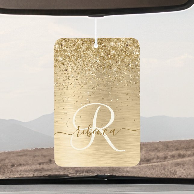 Faux Gold Brushed Metal Glitter Print Monogram Nam Car Air Freshener (Creator Uploaded)