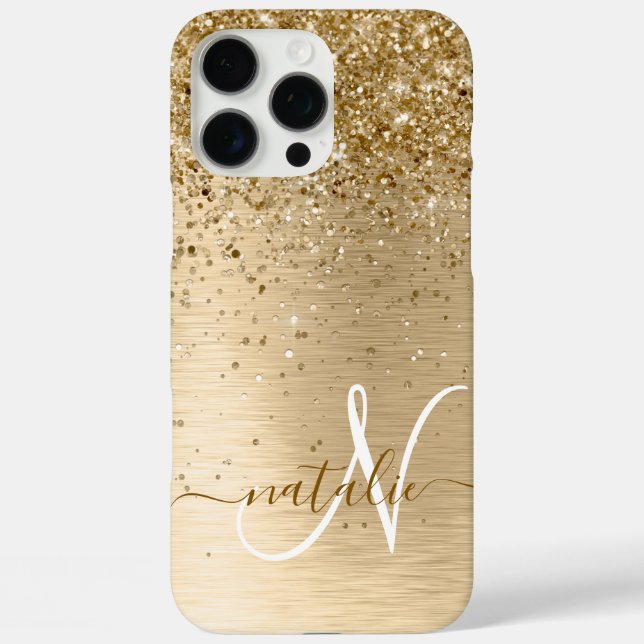 Faux Gold Brushed Metal Glitter Print Monogram Nam Case-Mate iPhone Case (Back)