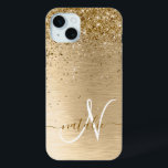 Faux Gold Brushed Metal Glitter Print Monogram Nam iPhone 15 Mini Case<br><div class="desc">Easily personalise this trendy chic phone case design featuring pretty gold sparkling glitter on a gold brushed metallic background.</div>