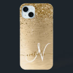 Faux Gold Brushed Metal Glitter Print Monogram Nam iPhone 15 Mini Case<br><div class="desc">Easily personalise this trendy chic phone case design featuring pretty gold sparkling glitter on a gold brushed metallic background.</div>