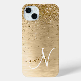 Faux Gold Brushed Metal Glitter Print Monogram Nam iPhone 15 Mini Case
