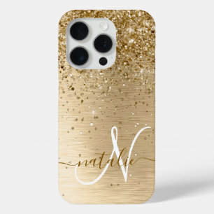 Faux Gold Brushed Metal Glitter Print Monogram Nam iPhone 15 Pro Case