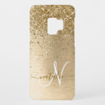Faux Gold Brushed Metal Glitter Print Monogram Nam Case-Mate Samsung Galaxy S9 Case<br><div class="desc">Easily personalise this trendy chic phone case design featuring pretty gold sparkling glitter on a gold brushed metallic background.</div>