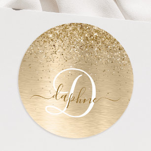 Faux Gold Brushed Metal Glitter Print Monogram Nam Classic Round Sticker