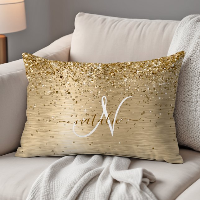 Faux Gold Brushed Metal Glitter Print Monogram Nam Decorative Cushion (Creator Uploaded)