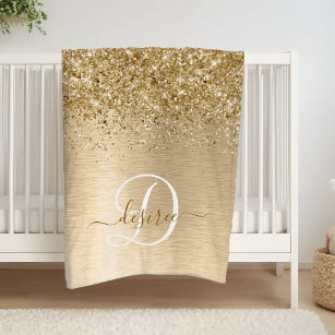 Faux Gold Brushed Metal Glitter Print Monogram Nam Fleece Blanket