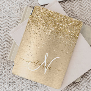 Faux Gold Brushed Metal Glitter Print Monogram Nam iPad Pro Cover