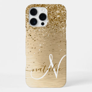 Faux Gold Brushed Metal Glitter Print Monogram Nam iPhone 16 Pro Max Case