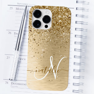 Faux Gold Brushed Metal Glitter Print Monogram Nam iPhone 14 Pro Max Case