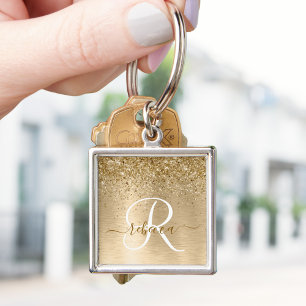 Faux Gold Brushed Metal Glitter Print Monogram Nam Key Ring