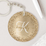 Faux Gold Brushed Metal Glitter Print Monogram Nam Key Ring<br><div class="desc">Easily personalise this trendy chic keychain design featuring pretty gold sparkling glitter on a gold brushed metallic background.</div>