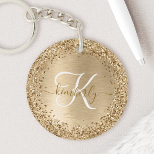 Faux Gold Brushed Metal Glitter Print Monogram Nam Key Ring