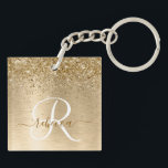 Faux Gold Brushed Metal Glitter Print Monogram Nam Key Ring<br><div class="desc">Easily personalise this trendy chic keychain design featuring pretty gold sparkling glitter on a gold brushed metallic background.</div>