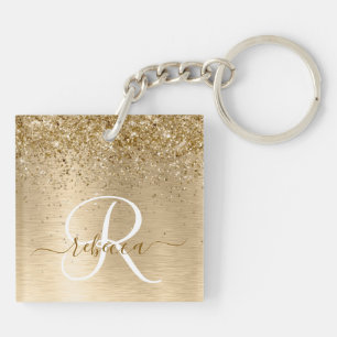 Faux Gold Brushed Metal Glitter Print Monogram Nam Key Ring