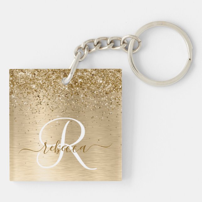 Faux Gold Brushed Metal Glitter Print Monogram Nam Key Ring (Back)