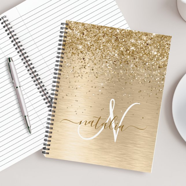 Faux Gold Brushed Metal Glitter Print Monogram Nam Notebook (Creator Uploaded)