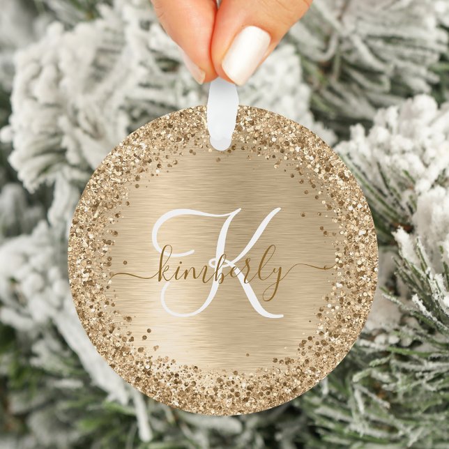 Faux Gold Brushed Metal Glitter Print Monogram Nam Ornament (Creator Uploaded)