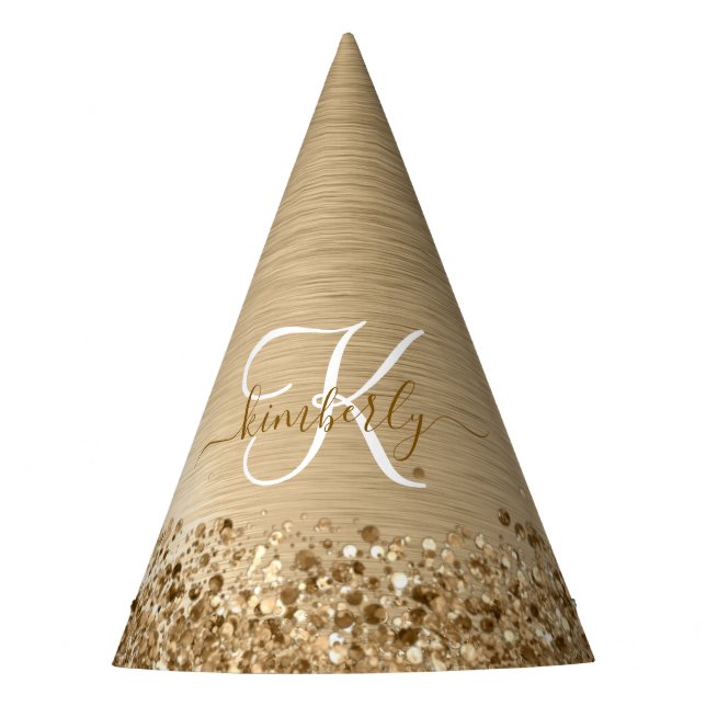 Faux Gold Brushed Metal Glitter Print Monogram Nam Party Hat (Front)