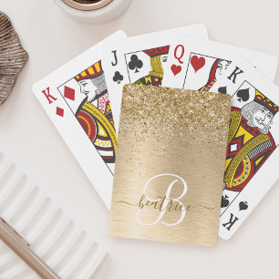 Faux Gold Brushed Metal Glitter Print Monogram Nam Playing Cards