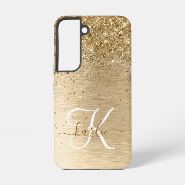 Faux Gold Brushed Metal Glitter Print Monogram Nam Samsung Galaxy S22 Case (Back)