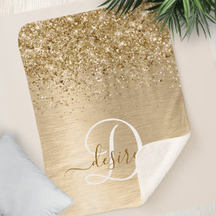 Faux Gold Brushed Metal Glitter Print Monogram Sherpa Blanket