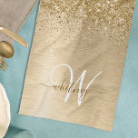 Faux Gold Brushed Metal Glitter Print Monogram Tea Towel<br><div class="desc">Easily personalise this trendy chic kitchen towels design featuring pretty gold sparkling glitter on a gold brushed metallic background.</div>