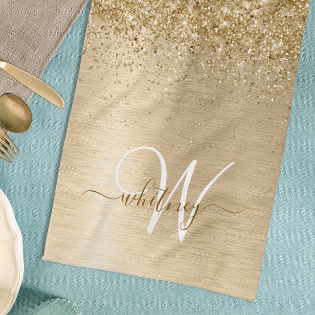 Faux Gold Brushed Metal Glitter Print Monogram Tea Towel (Creator Uploaded)