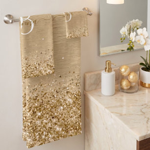 Faux Gold Brushed Metal Glitter Print Monogrammed Bath Towel Set