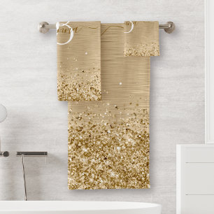 Faux Gold Brushed Metal Glitter Print Monogrammed Bath Towel Set